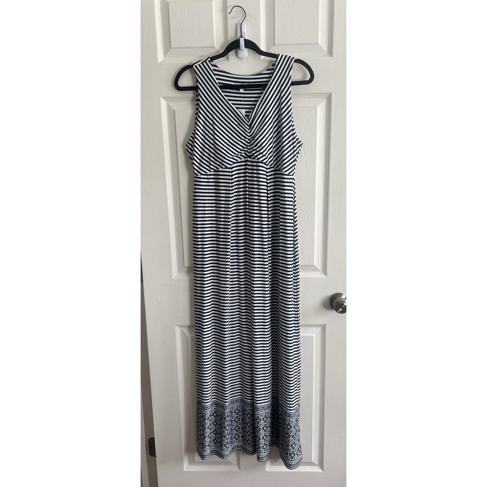 TALBOTS Petite Black White Striped Jersey Knit Sleeveless Midi Dress Sz L NWT